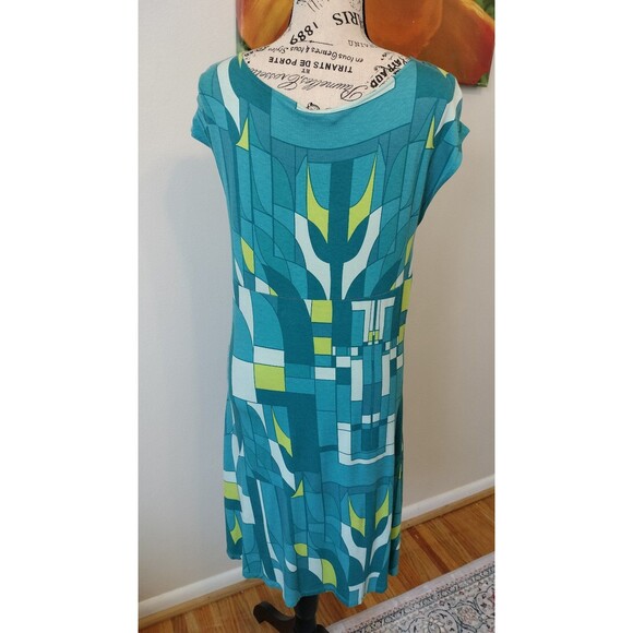 NWT! Express Sleeveless V-Neck A-Line Blue Green Geometric Print Dress. Size L - Picture 5 of 7